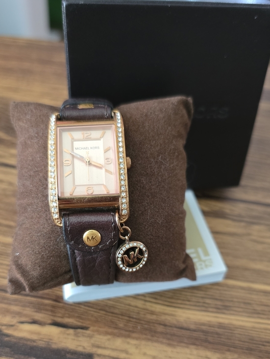 Michael Kors Accessories - Michael Kors Rose Gold-Tone Rectangular Watch with Brown Leather Strap